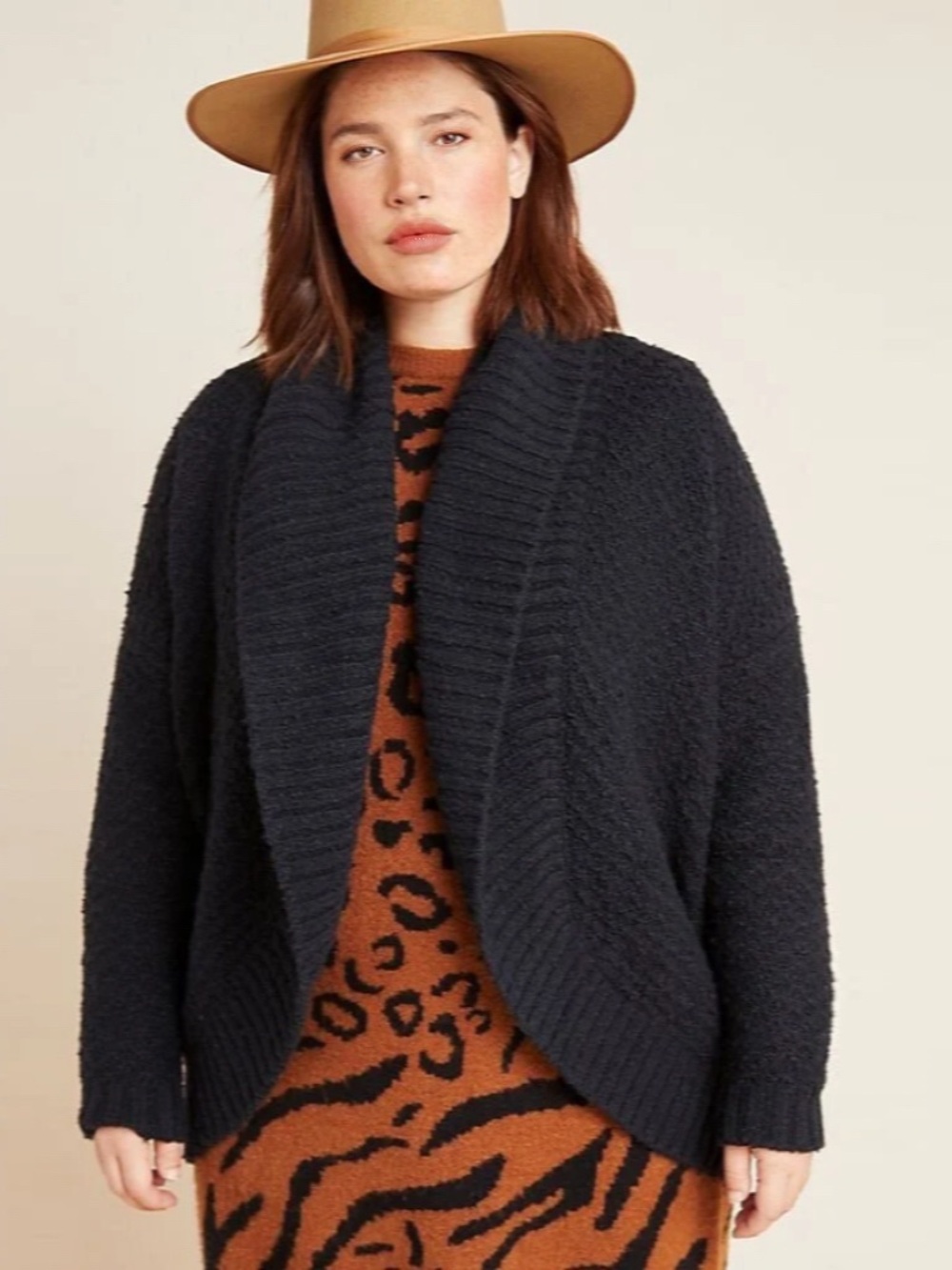 Anthropologie Denise Textured Cardigan Thick Knit Oversized Sweater Black XL